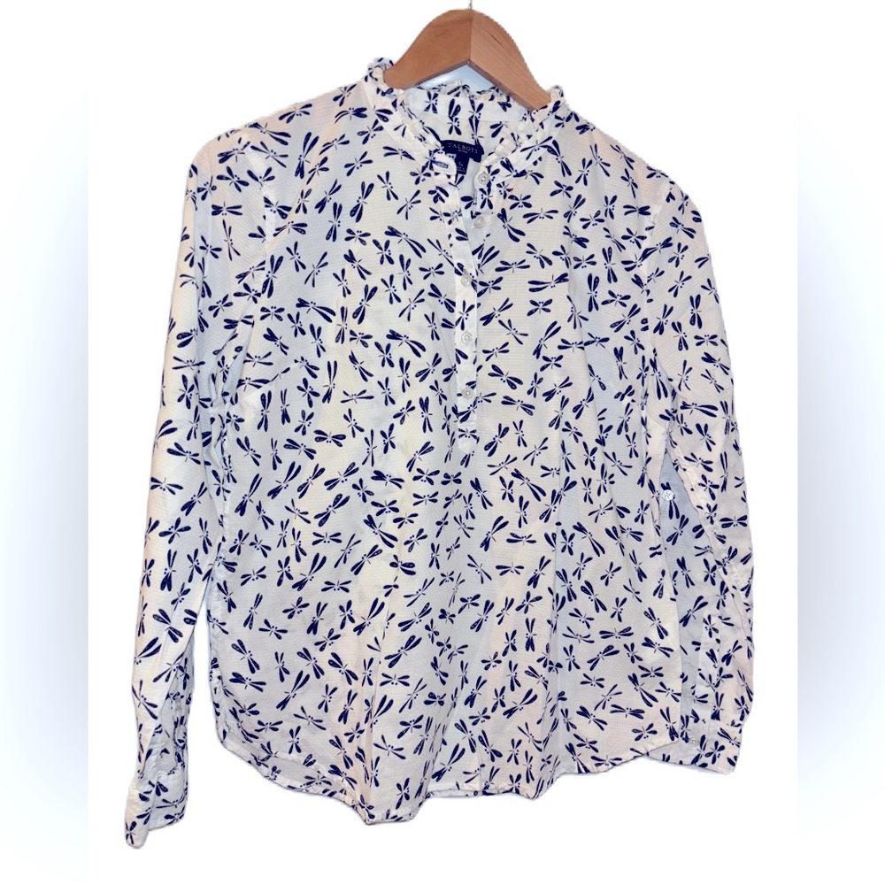 Talbots Long Sleeve Dragonfly Print Button Down Size SP